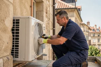 Technicien en climatisation installant une unité split sur une façade résidentielle dans le Rhône