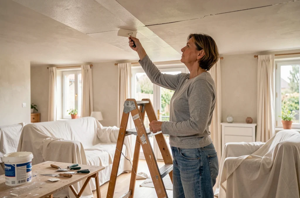 Femme posant une bande de fibre de verre sur une fissure de plafond avant enduisage dans un salon en rénovation