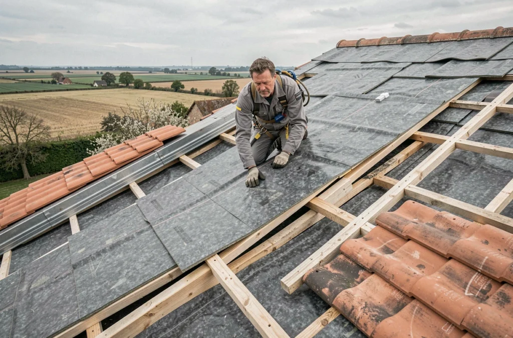 Couvreur de Protection Couverture Fustemberg posant une membrane isolante sur un toit traditionnel en Loire-Atlantique