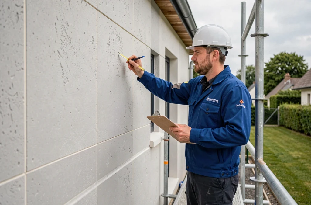 Spécialiste de Renoouest inspectant des panneaux d'isolation extérieure sur une maison individuelle