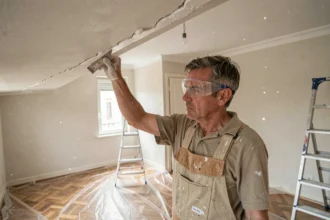 Artisan appliquant de l'enduit sur une fissure de plafond avec une spatule large dans un appartement en rénovation
