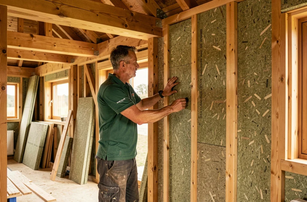 Artisan Retzwood posant des panneaux isolants en fibre de bois dans une maison à ossature bois écologique