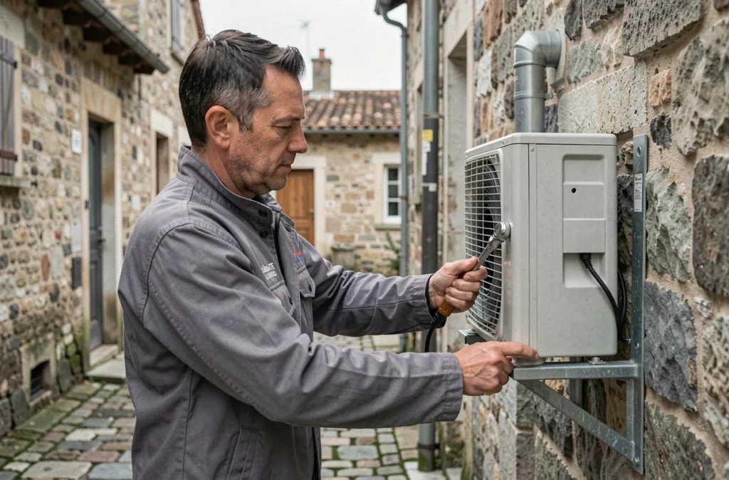 Artisan Sabate Julien fixant une unité extérieure de climatisation sur un mur en pierre dans le Rhône