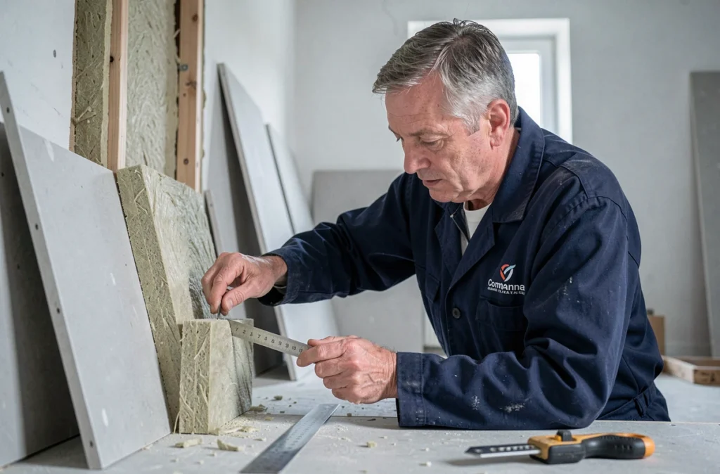Artisan Sarl Auvinet découpant des laines minérales pour une rénovation intérieure en Loire-Atlantique