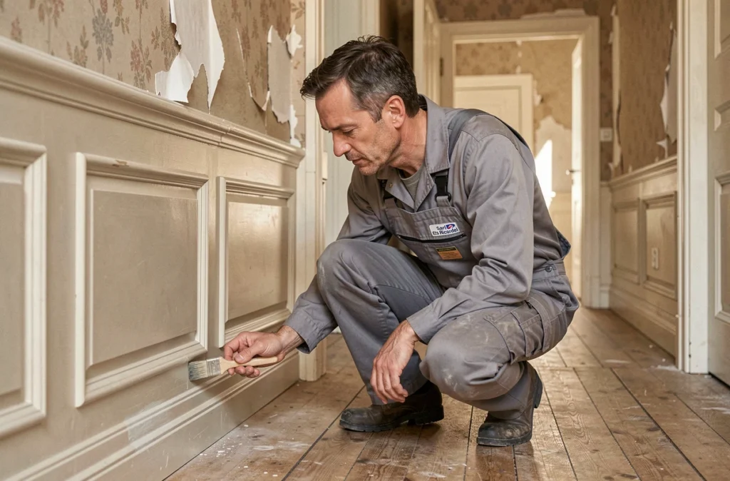 Peintre de la Sarl Ets Ricordel travaillant sur les plinthes d'un couloir rénové à Nantes