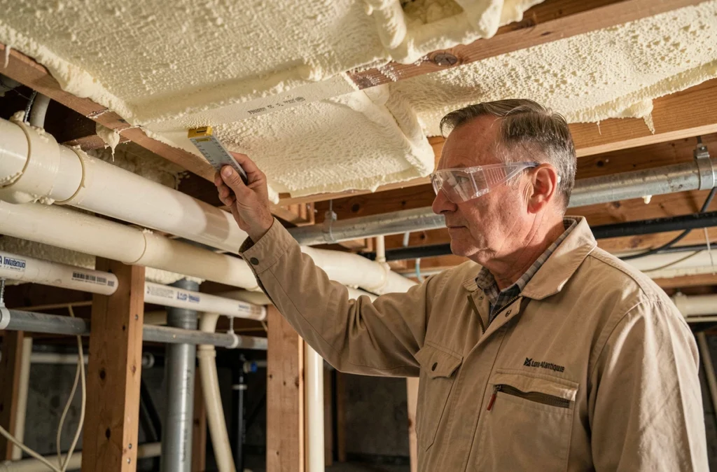 Entrepreneur Sarl Tertrin vérifiant l'isolation en mousse polyuréthane projetée sous le plancher d'une maison en Loire-Atlantique