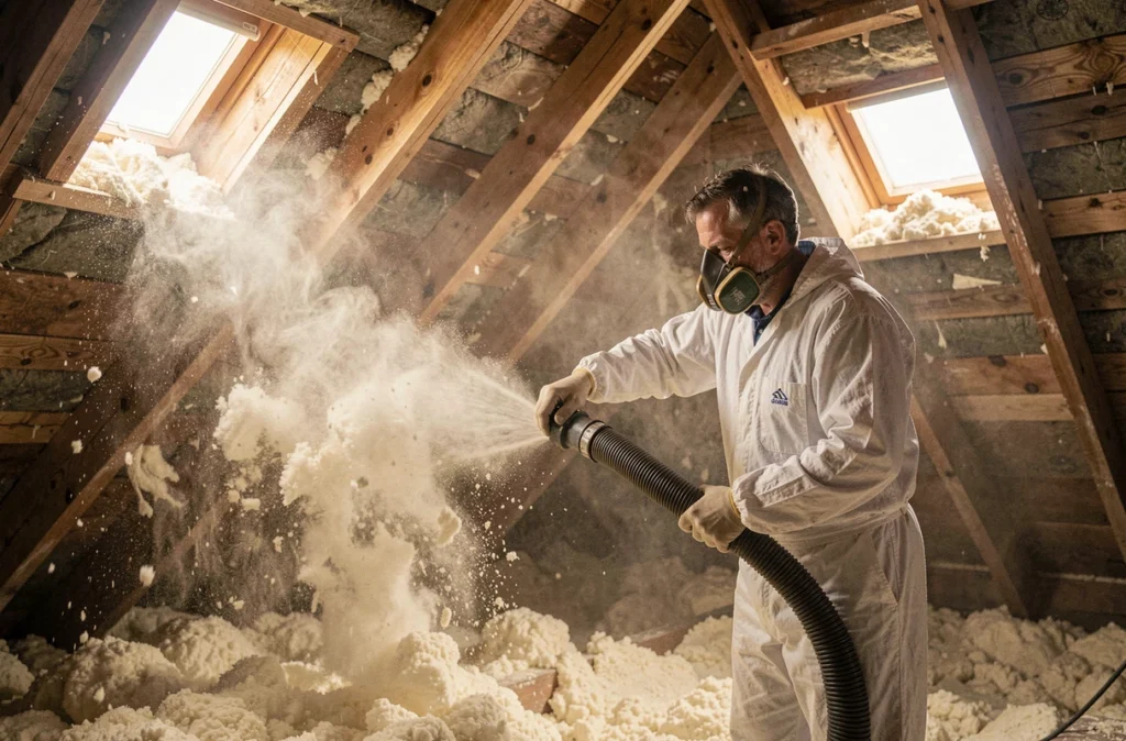 Technicien Sitrha insufflant de la ouate de cellulose dans les combles d'une maison résidentielle