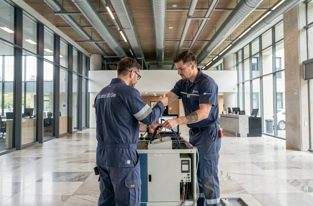 Techniciens de la Société Ulic Gie installant un système de gestion énergétique dans un bâtiment commercial à Lyon