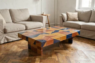 Table basse vintage Roger Capron en céramique mosaïque aux motifs géométriques, posée dans un salon scandinave minimaliste avec parquet en chêne