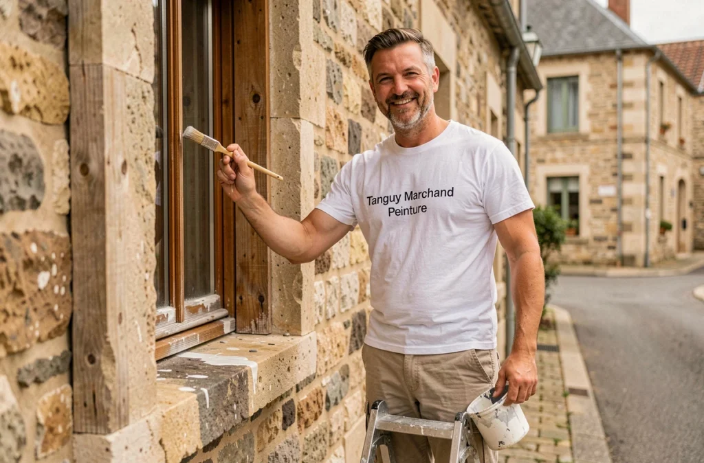 Tanguy Marchand peignant le cadre de fenêtre d'une maison en pierre traditionnelle en Loire-Atlantique