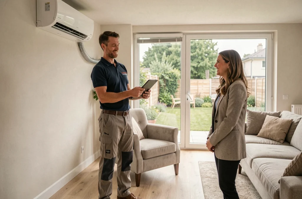 Représentant de To-Création EURL présentant une installation de climatisation à une cliente dans le Rhône