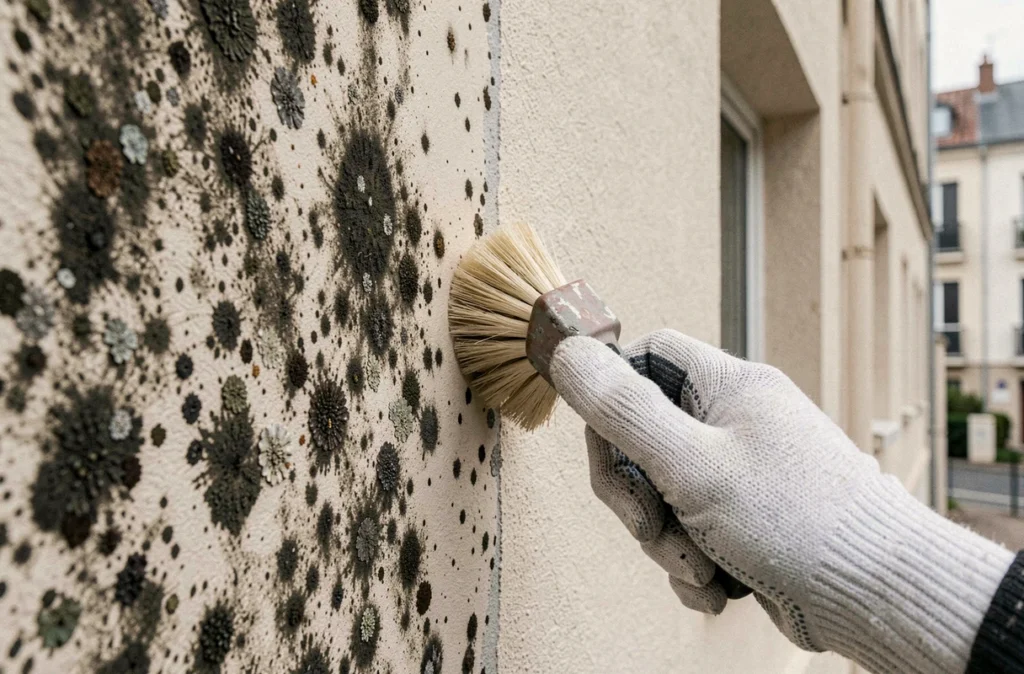 Détail d'une façade en cours de nettoyage montrant le contraste entre surface encrassée et surface propre, pour illustrer le prix au m2 du ravalement