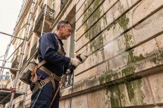 Technicien professionnel nettoyant une façade en pierre calcaire avec un nettoyeur haute pression, illustrant le coût au m2 du nettoyage de façade